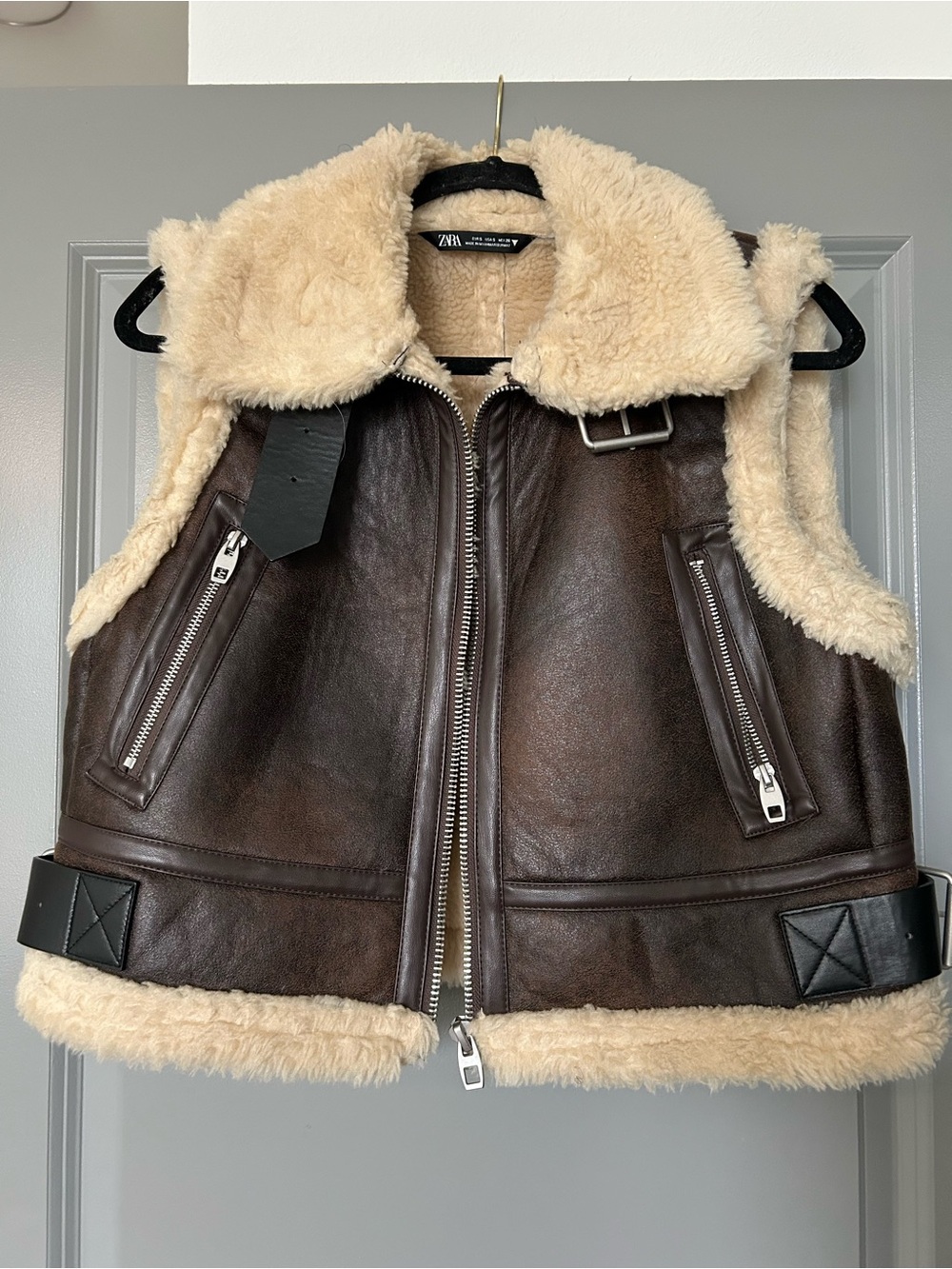 Zara Dark Brown Leather Vest with Cream Shearling Trim
